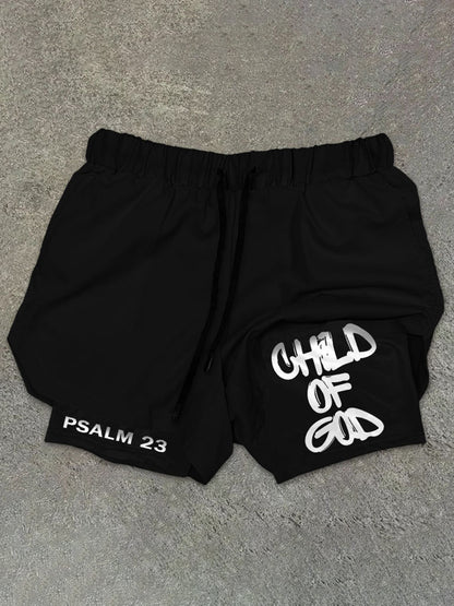 Blavra Vintage Child Of God Print Performance Double Layer Quick Dry Shorts