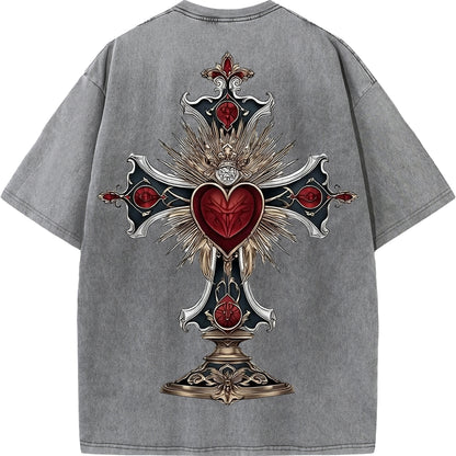 "Sacred Heart Cross – Gothic Oversized Tee"