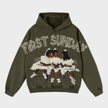 Vintage First Sunday Faith Graphic Acid Washed Oversized Hoodie