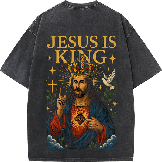 Jesus Is King Vintage Washed Oversized Tee – Faith & Streetwear
