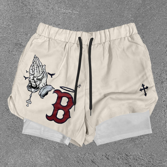Blavra Vintage Praying Hands & B Graphic Performance Double Layer Quick Dry Shorts - Blavra