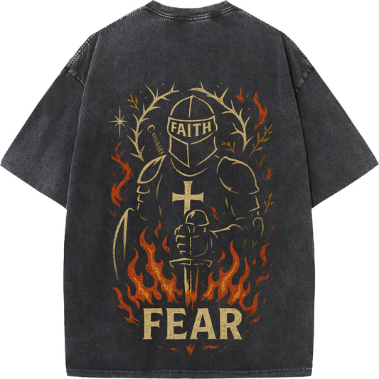 Faith Over Fear – Vintage Washed Christian Warrior Oversized Tee
