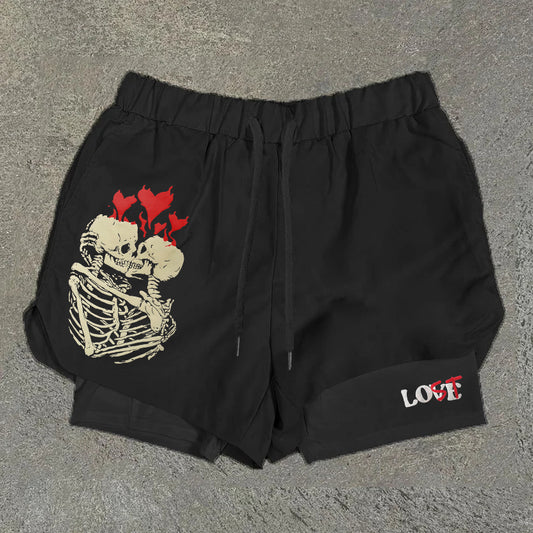 Blavra Your Lost Without Me X Skull Print Graphic Double Layer Men's Gym Shorts - Blavra