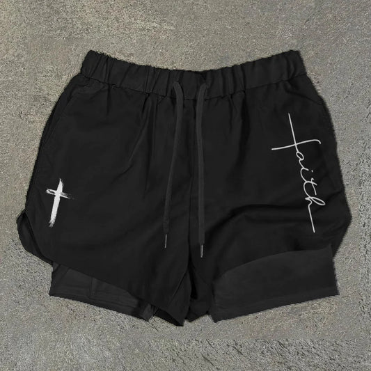 Blavra Faith Cross Print Graphic Double Layer Men's Gym Shorts - Blavra