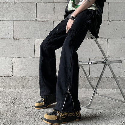 Blavra Trendy Retro Street Ripped Zipper Patchwork Slim Fit Bootcut Jeans