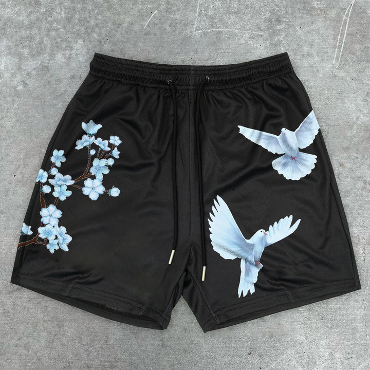 Blavra Cherry Blossom Dove Print Graphic Men's Mesh Shorts - Blavra