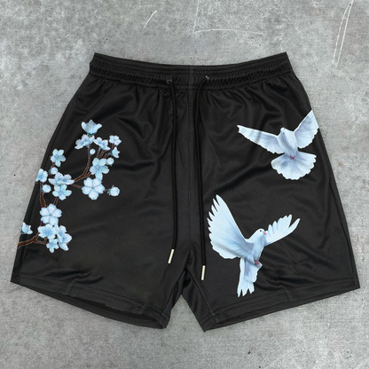 Blavra Cherry Blossom Dove Print Graphic Men's Mesh Shorts - Blavra