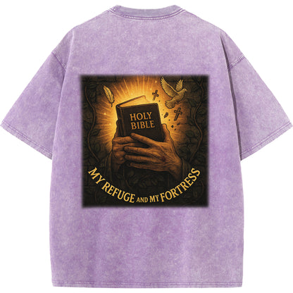 "My Refuge and My Fortress" Vintage Bible-Inspired Faith Tee