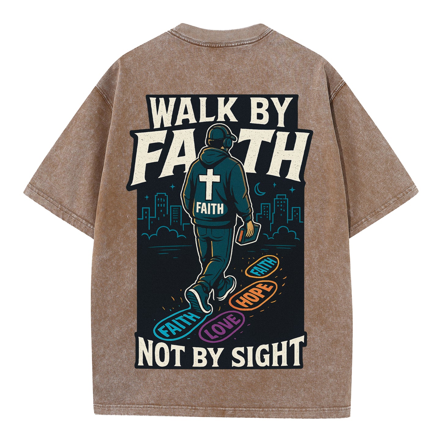 Walk by Faith – Vintage Washed Oversized Christian Streetwear Tee - 1