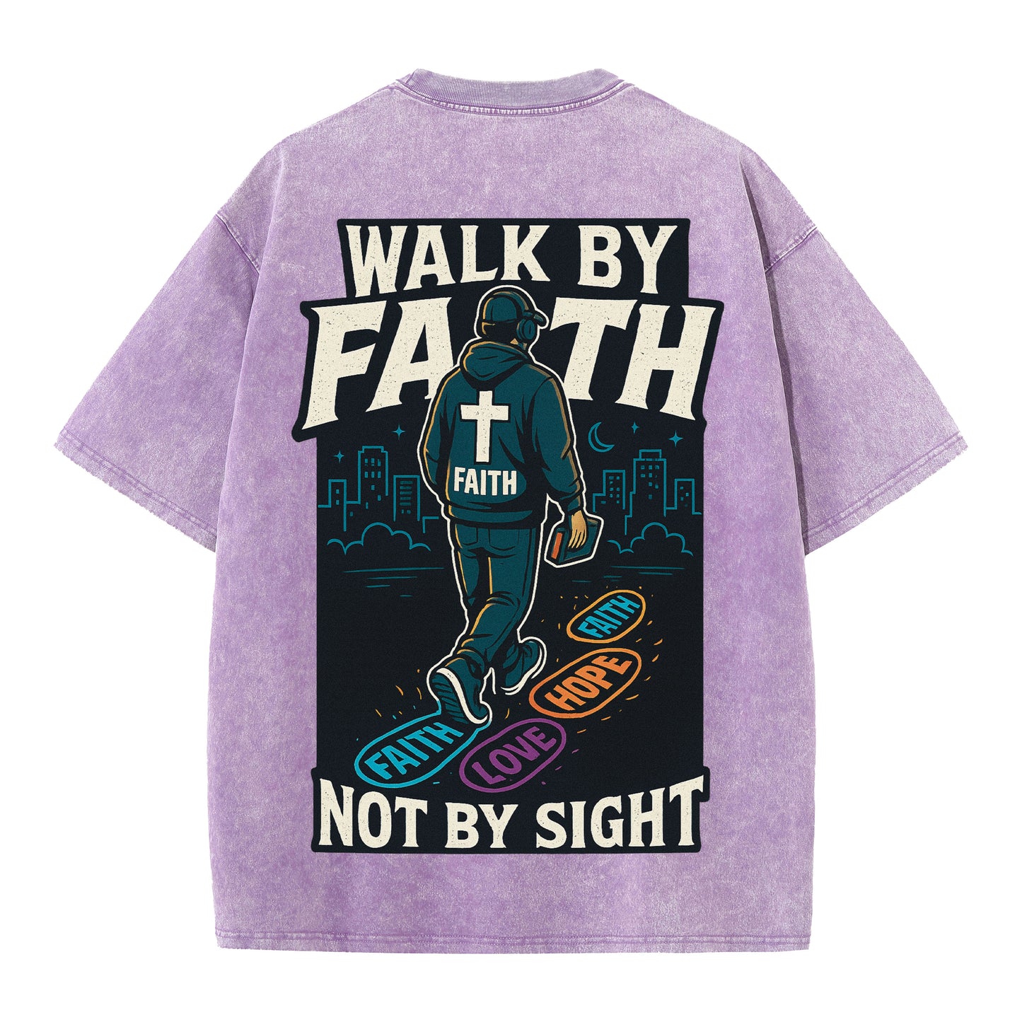 Walk by Faith – Vintage Washed Oversized Christian Streetwear Tee - 1