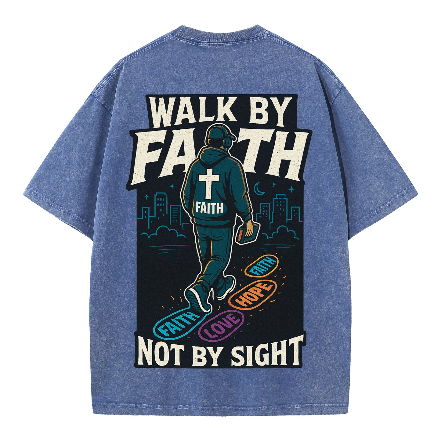 Walk by Faith – Vintage Washed Oversized Christian Streetwear Tee - 1