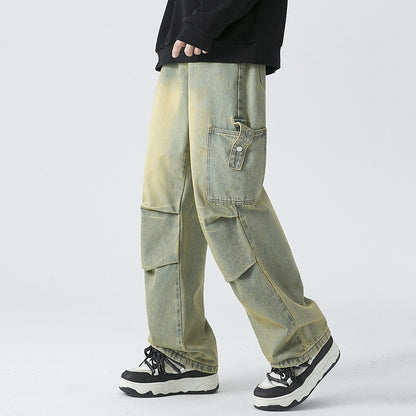 Blavra Men's Mud Yellow Washed Retro Street Work Jeans