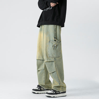 Blavra Men's Mud Yellow Washed Retro Street Work Jeans