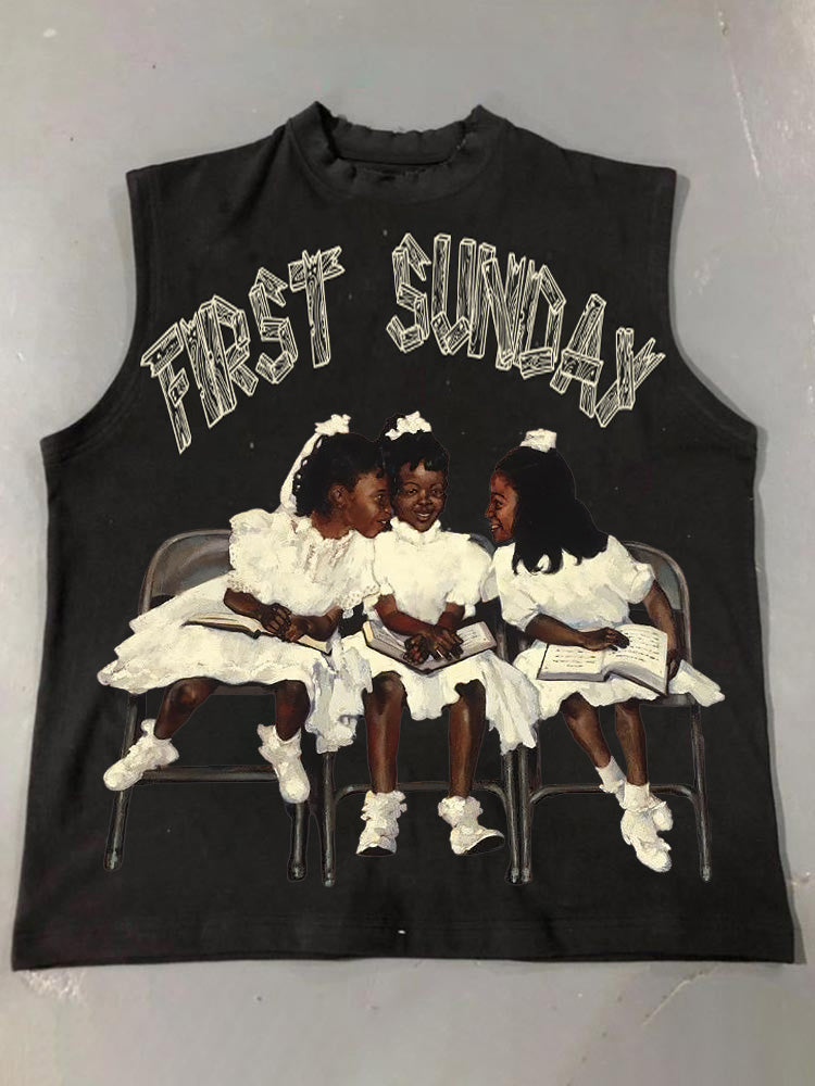 Retro First Sunday Faith Graphic Print Cotton Tank Top