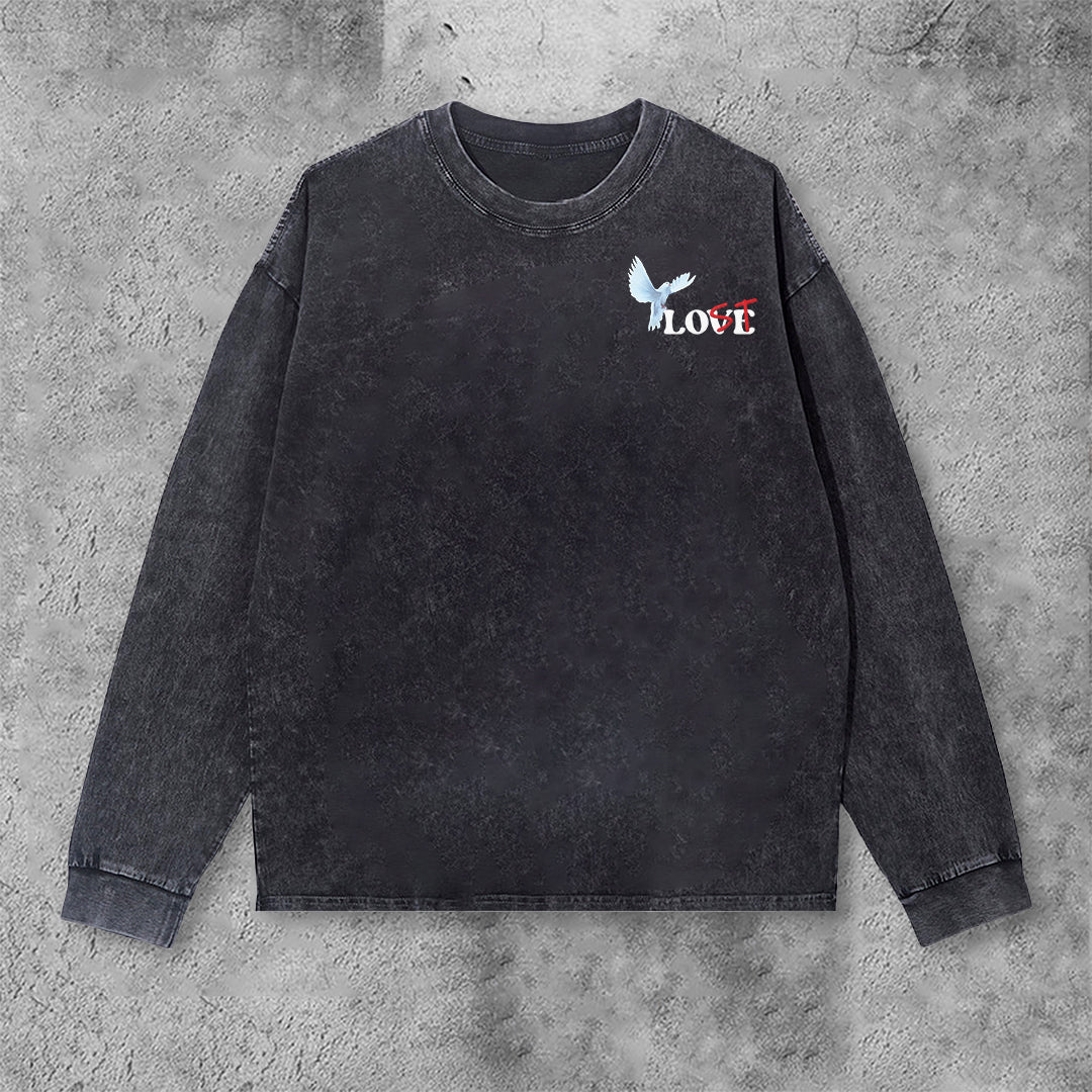 Blavra Peace Dove X You Re Lost Without Me Graphic Acid Wash Long Sleeve T-Shirt