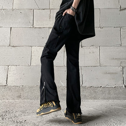 Blavra Trendy Retro Street Ripped Zipper Patchwork Slim Fit Bootcut Jeans