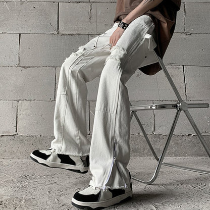 Blavra Trendy Retro Street Ripped Zipper Patchwork Slim Fit Bootcut Jeans