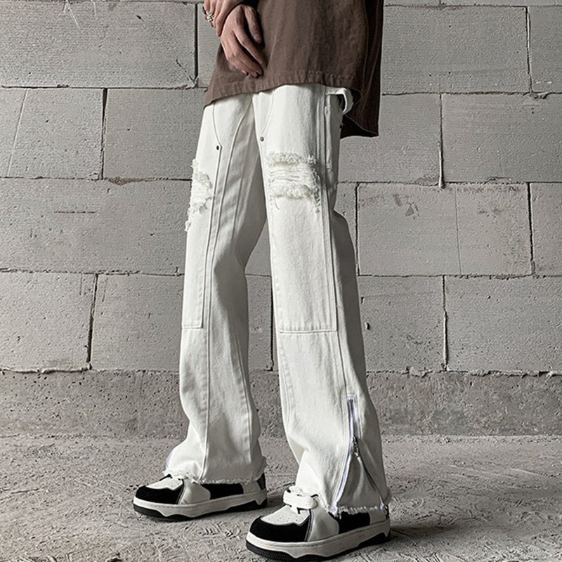 Blavra Trendy Retro Street Ripped Zipper Patchwork Slim Fit Bootcut Jeans - Blavra