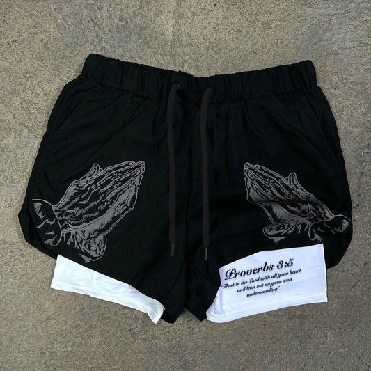 Blavra Praying Hands Print Graphiced Double Layer Shorts - Blavra