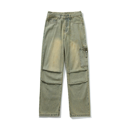 Blavra Men's Mud Yellow Washed Retro Street Work Jeans