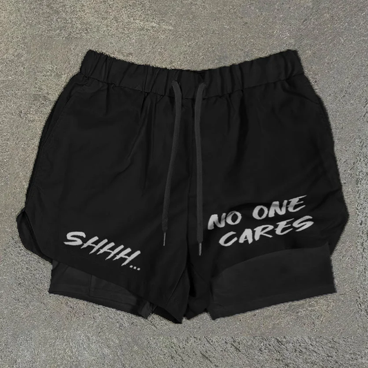 Blavra Shhh No One Cares Print Graphic Double Layer Men's Gym Shorts - Blavra