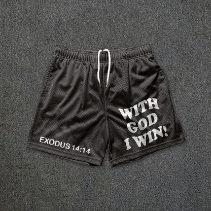 Blavra With God I Win Print Casual Street Mesh Shorts - Blavra