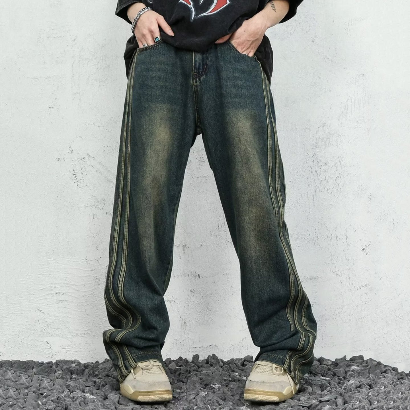 Blavra Unisex Men's Street Trend Wide Leg Straight Leg Washed Jeans
