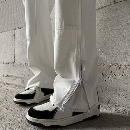 Blavra Trendy Retro Street Ripped Zipper Patchwork Slim Fit Bootcut Jeans