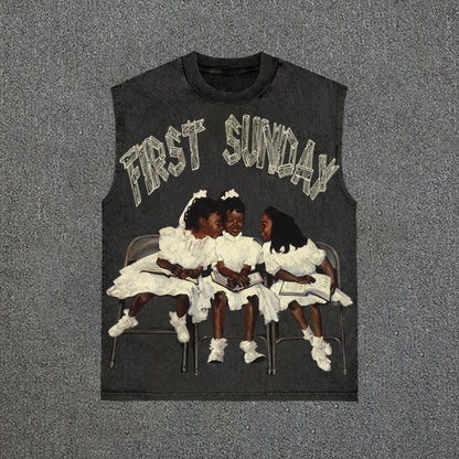 Retro First Sunday Faith Graphic Print Vintage Wash Sleeveless Tank Top - Blavra