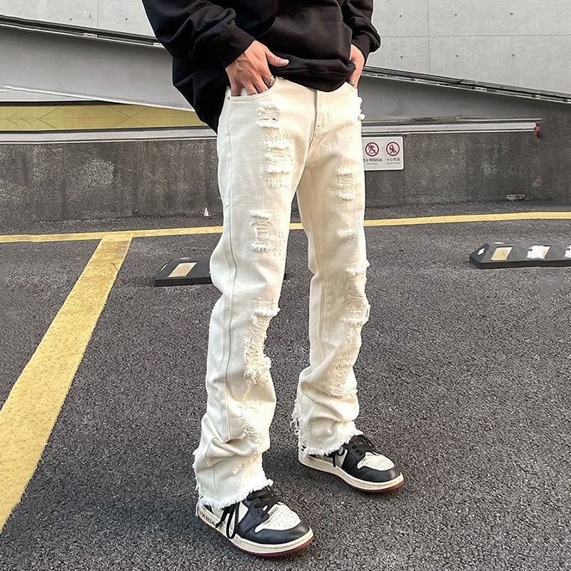 Blavra Men's Casual Raw Edge Ripped Slim Straight Jeans - Blavra