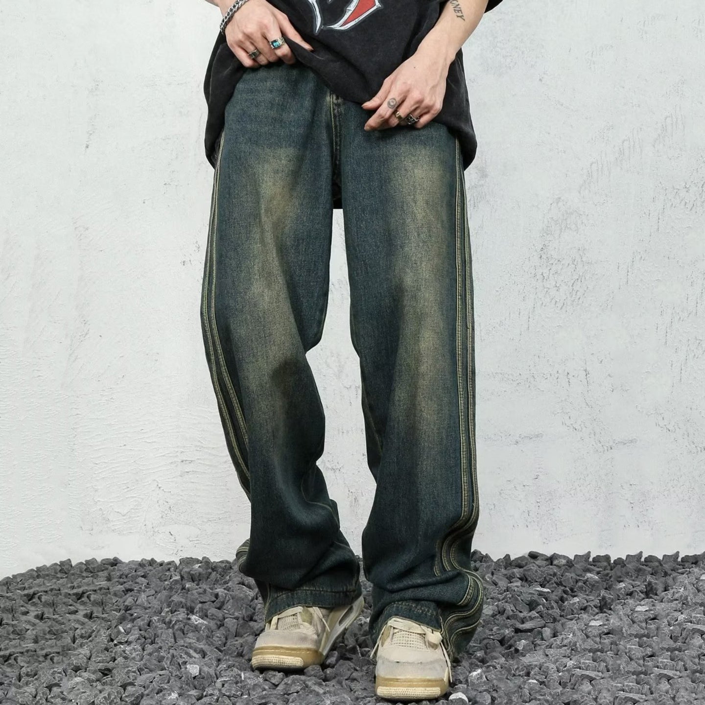 Blavra Unisex Men's Street Trend Wide Leg Straight Leg Washed Jeans - Blavra