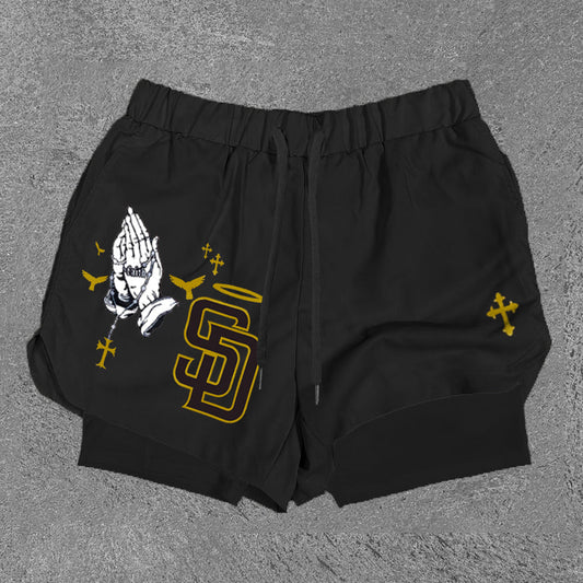 Blavra Vintage Praying Hands & Sd Graphic Performance Double Layer Quick Dry Shorts - Blavra