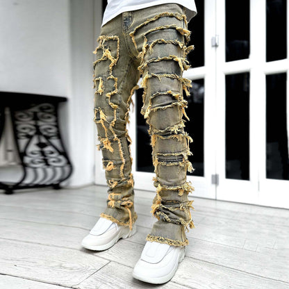 Blavra Vintage Washed Stretch Patch Straight Jeans - Blavra