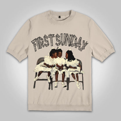 Blavra Vintage First Sunday Portrait Graphics Cotton Knitted T-shirt