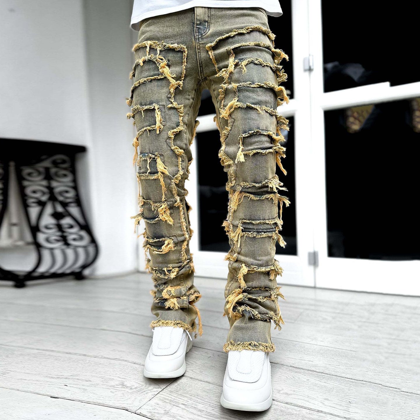 Blavra Vintage Washed Stretch Patch Straight Jeans