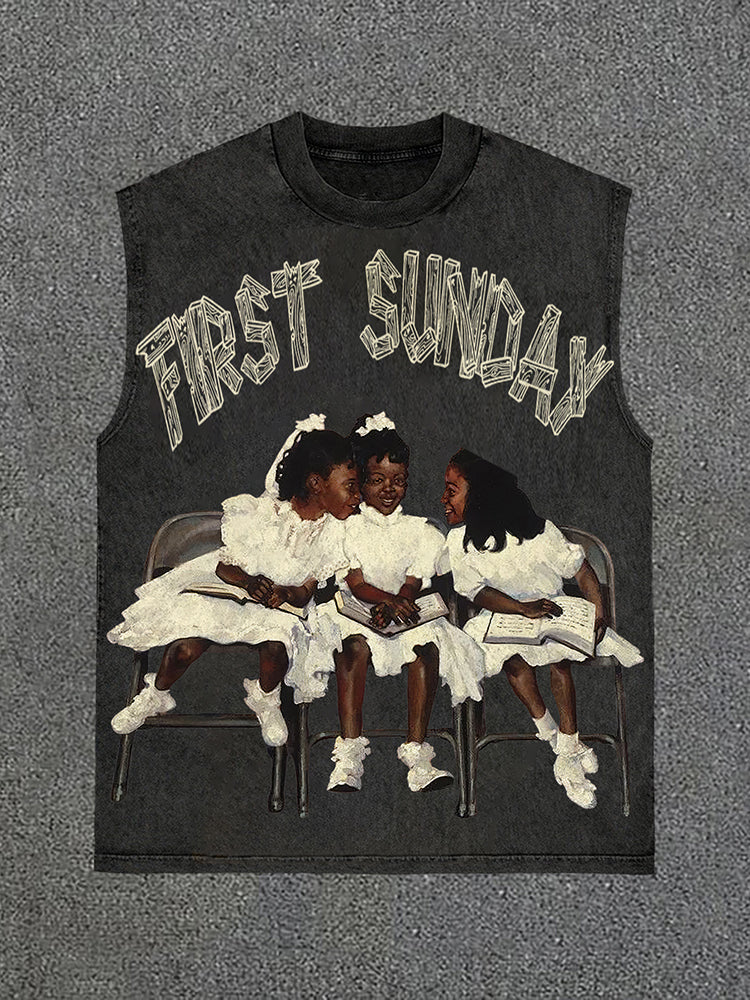 Retro First Sunday Faith Graphic Print Vintage Wash Sleeveless Tank Top