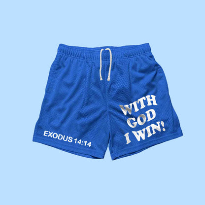 Blavra With God I Win Print Casual Street Mesh Shorts