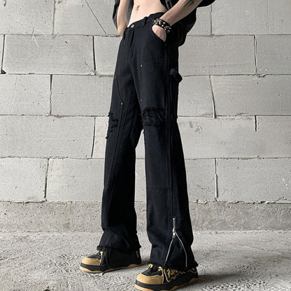 Blavra Trendy Retro Street Ripped Zipper Patchwork Slim Fit Bootcut Jeans
