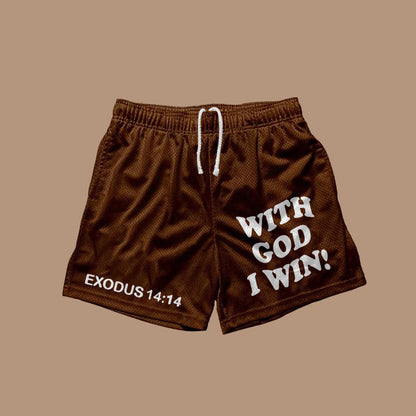 Blavra With God I Win Print Casual Street Mesh Shorts