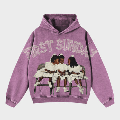 Vintage First Sunday Faith Graphic Acid Washed Oversized Hoodie