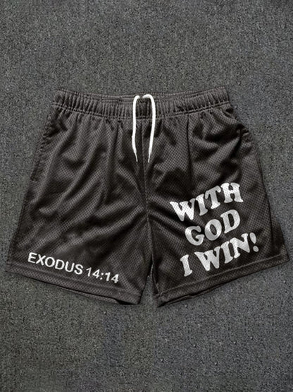 Blavra With God I Win Print Casual Street Mesh Shorts