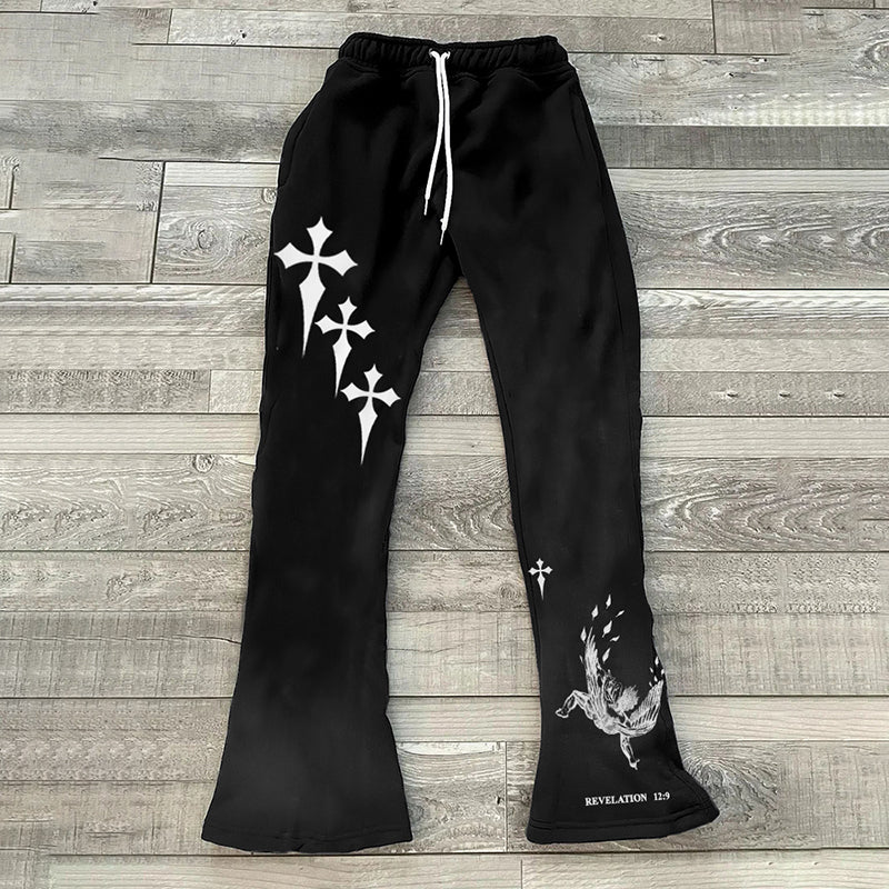Blavra Fallen Angel Revelation 12 9 Print Casual Street Fleece-Lined Pants