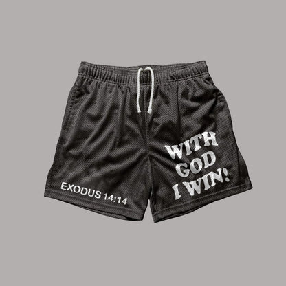 Blavra With God I Win Print Casual Street Mesh Shorts
