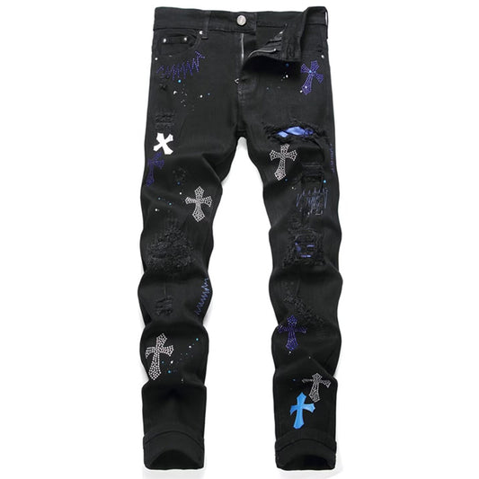 High Street Cross Badge Distressed Ripped Jeans - Blavra