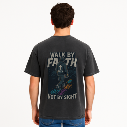 Walk by Faith – Vintage Washed Oversized Christian Streetwear Tee - 1