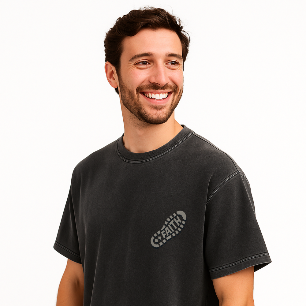 Walk by Faith – Vintage Washed Oversized Christian Streetwear Tee - 1